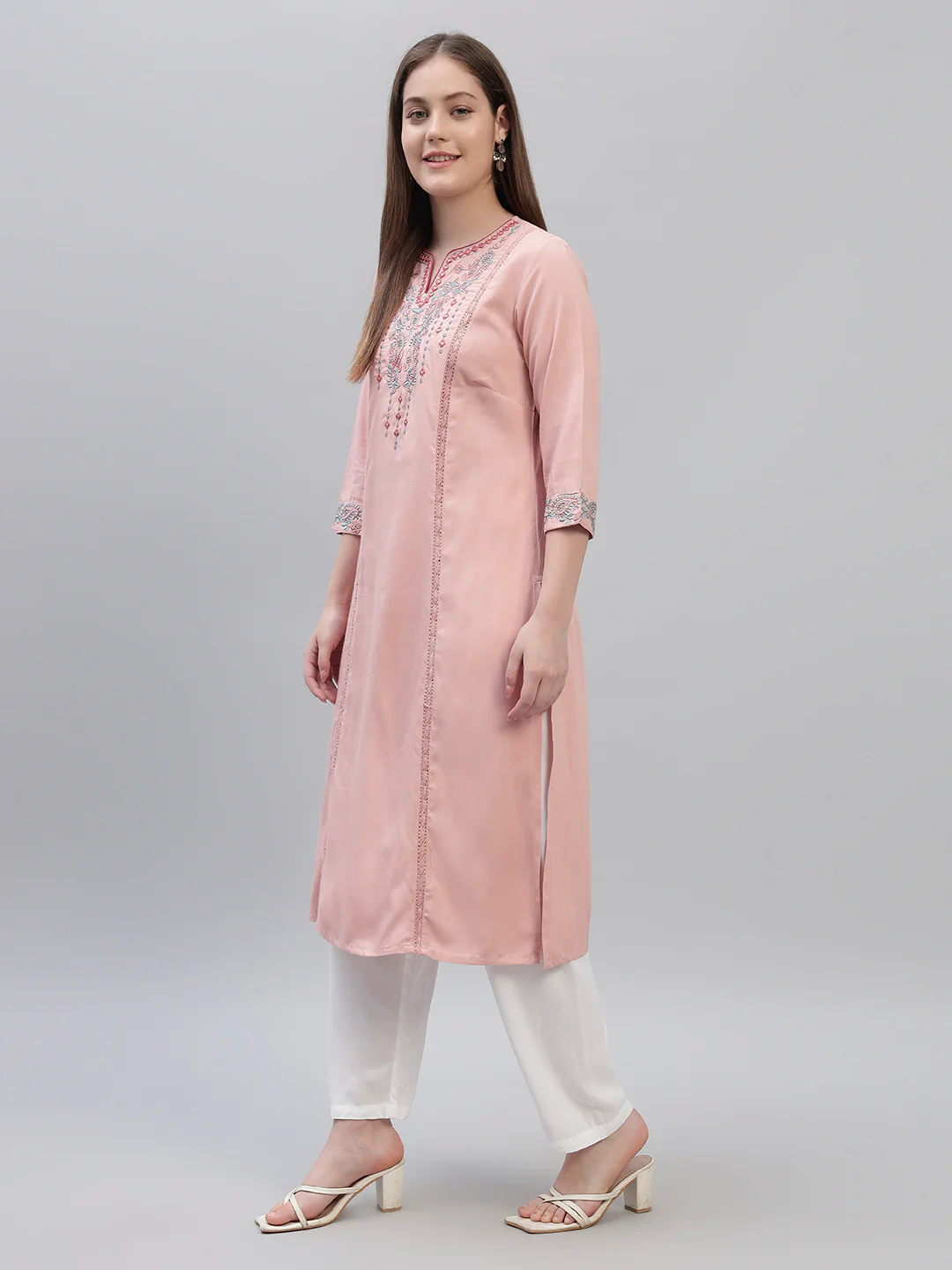 Women's Pink Embroidery 3/4th Sleeves Round Neck Casual Kurti - Image 3