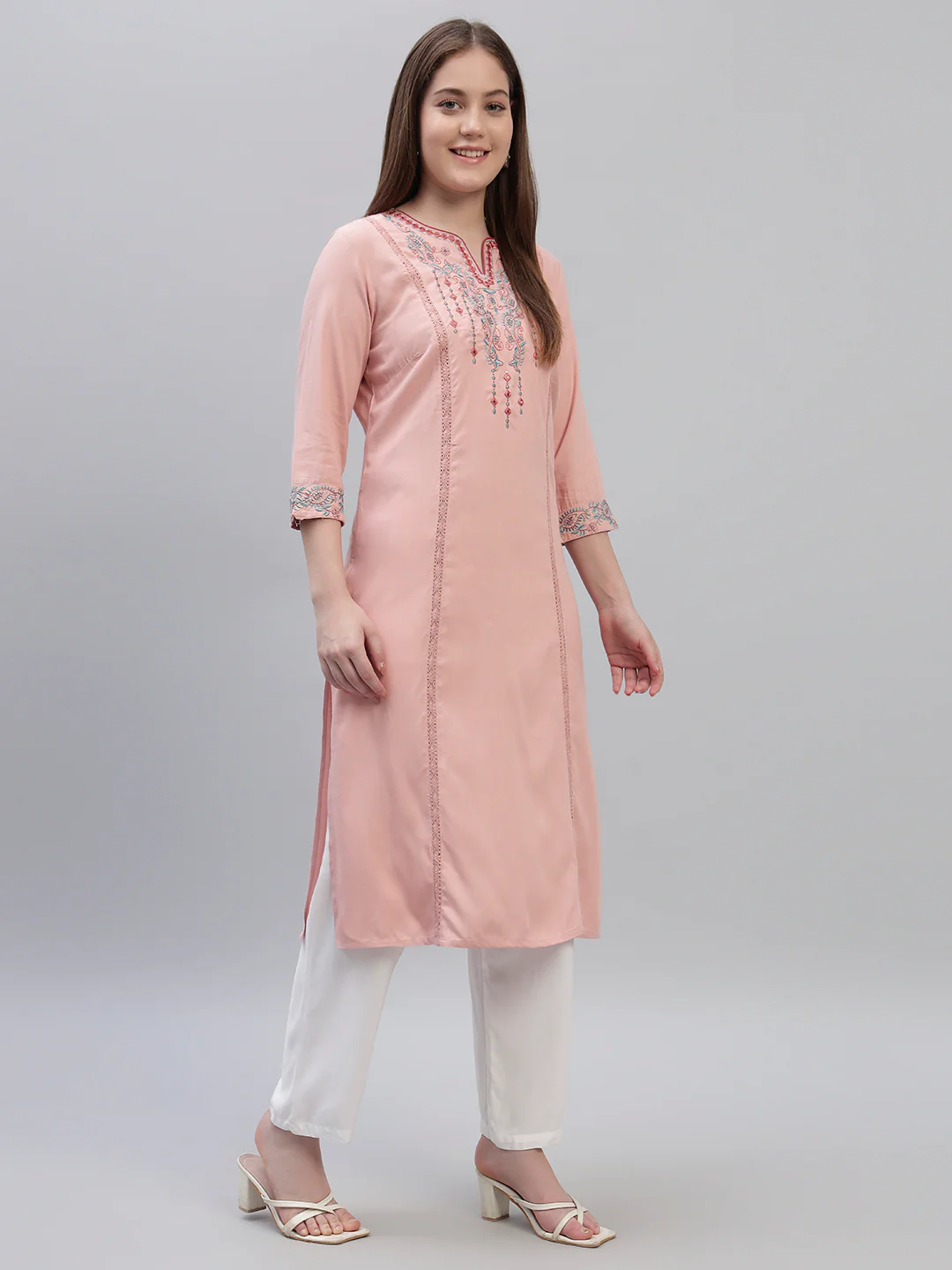 Women's Pink Embroidery 3/4th Sleeves Round Neck Casual Kurti - Image 4