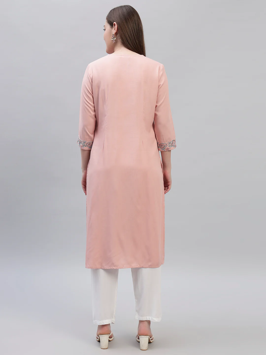 Women's Pink Embroidery 3/4th Sleeves Round Neck Casual Kurti - Image 5