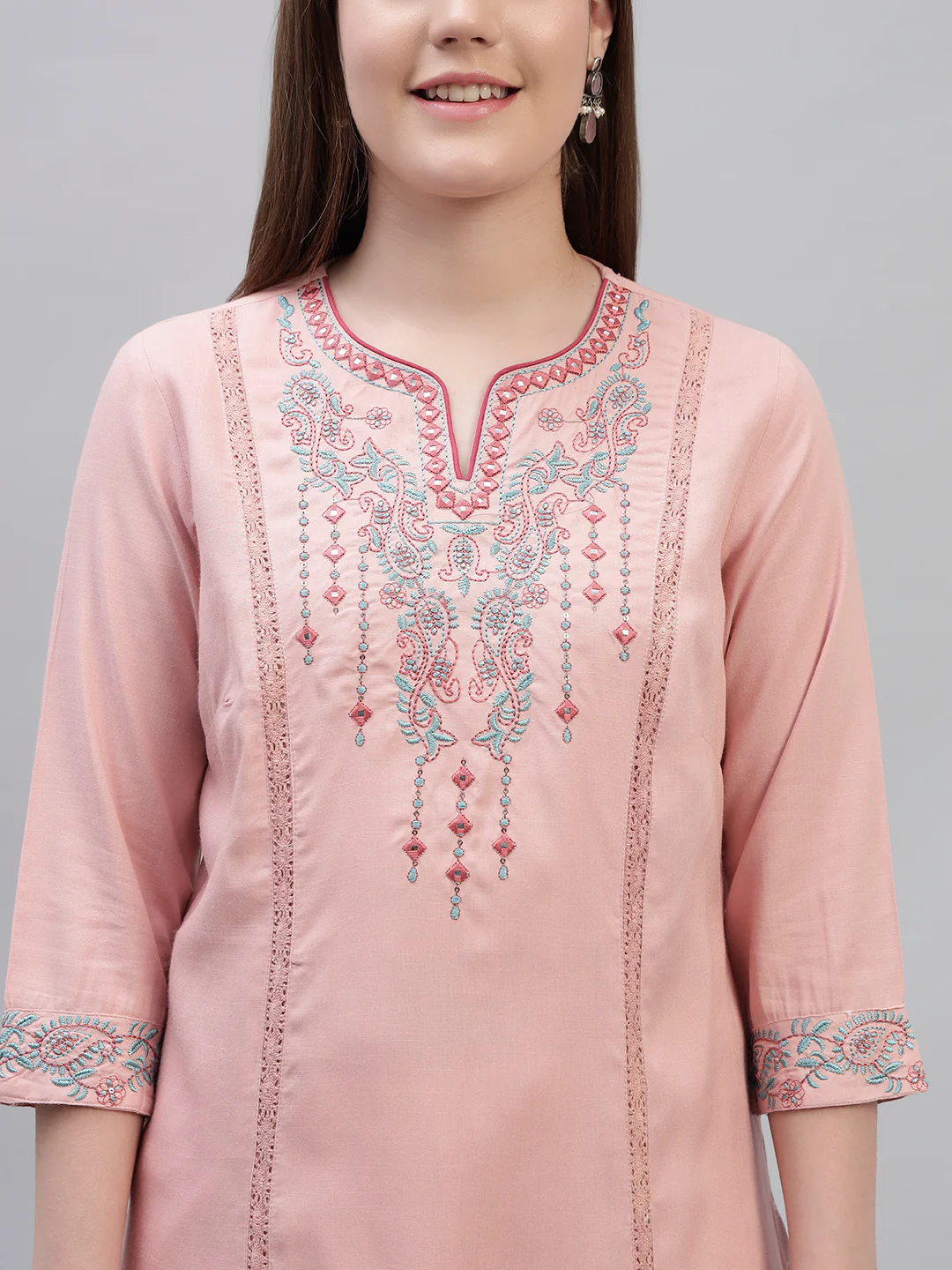 Women's Pink Embroidery 3/4th Sleeves Round Neck Casual Kurti - Image 6