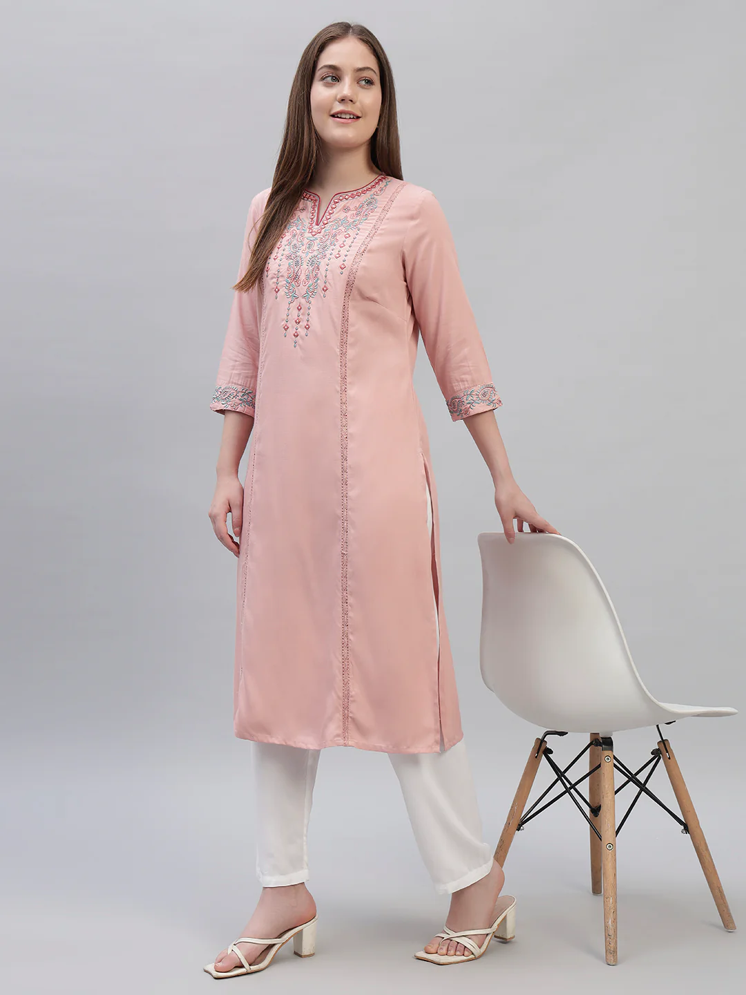 Women's Pink Embroidery 3/4th Sleeves Round Neck Casual Kurti - Image 7