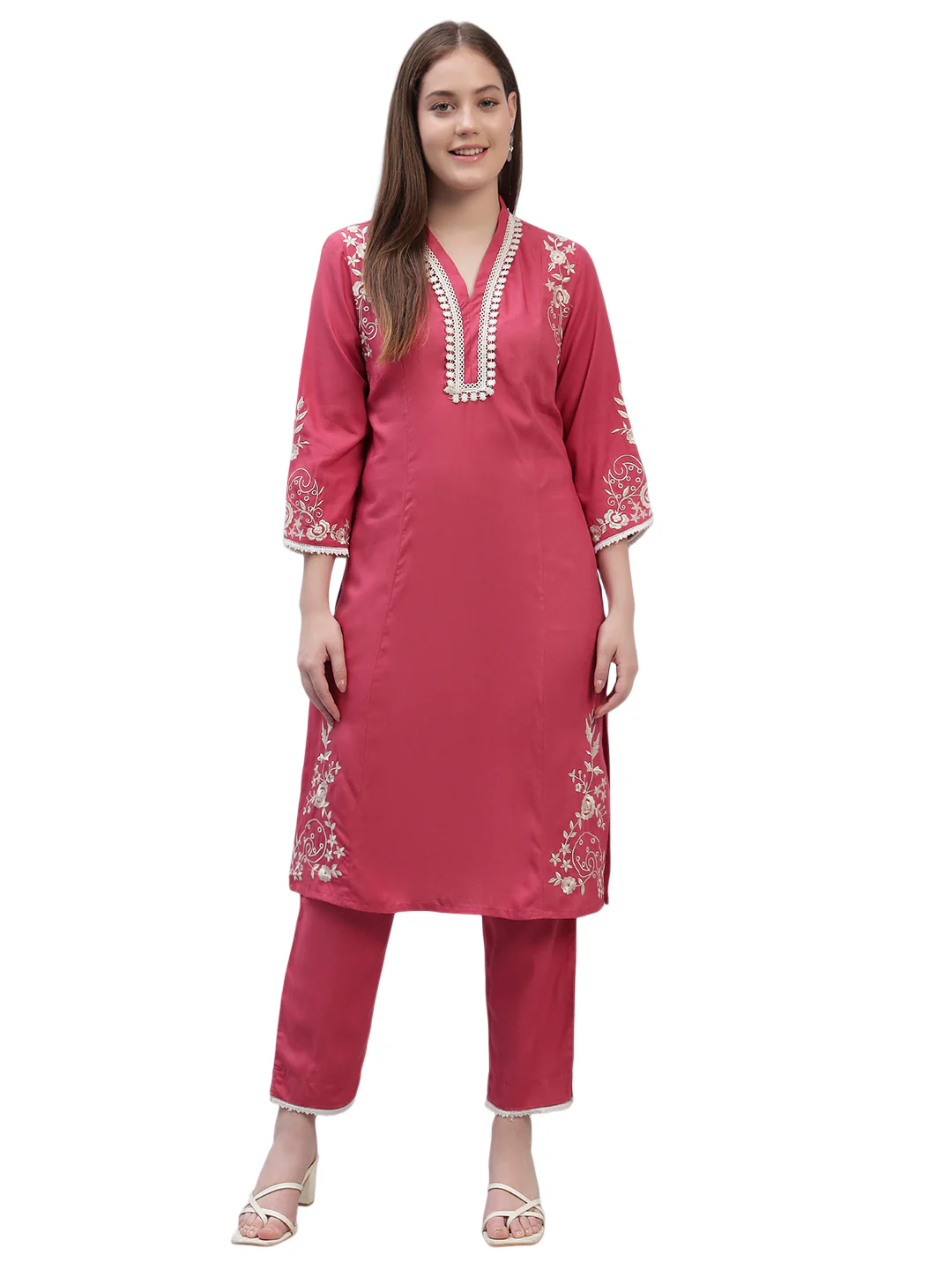 Women's Pink Embroidery 3/4th Sleeves Round Neck Casual Kurti Plazo Set