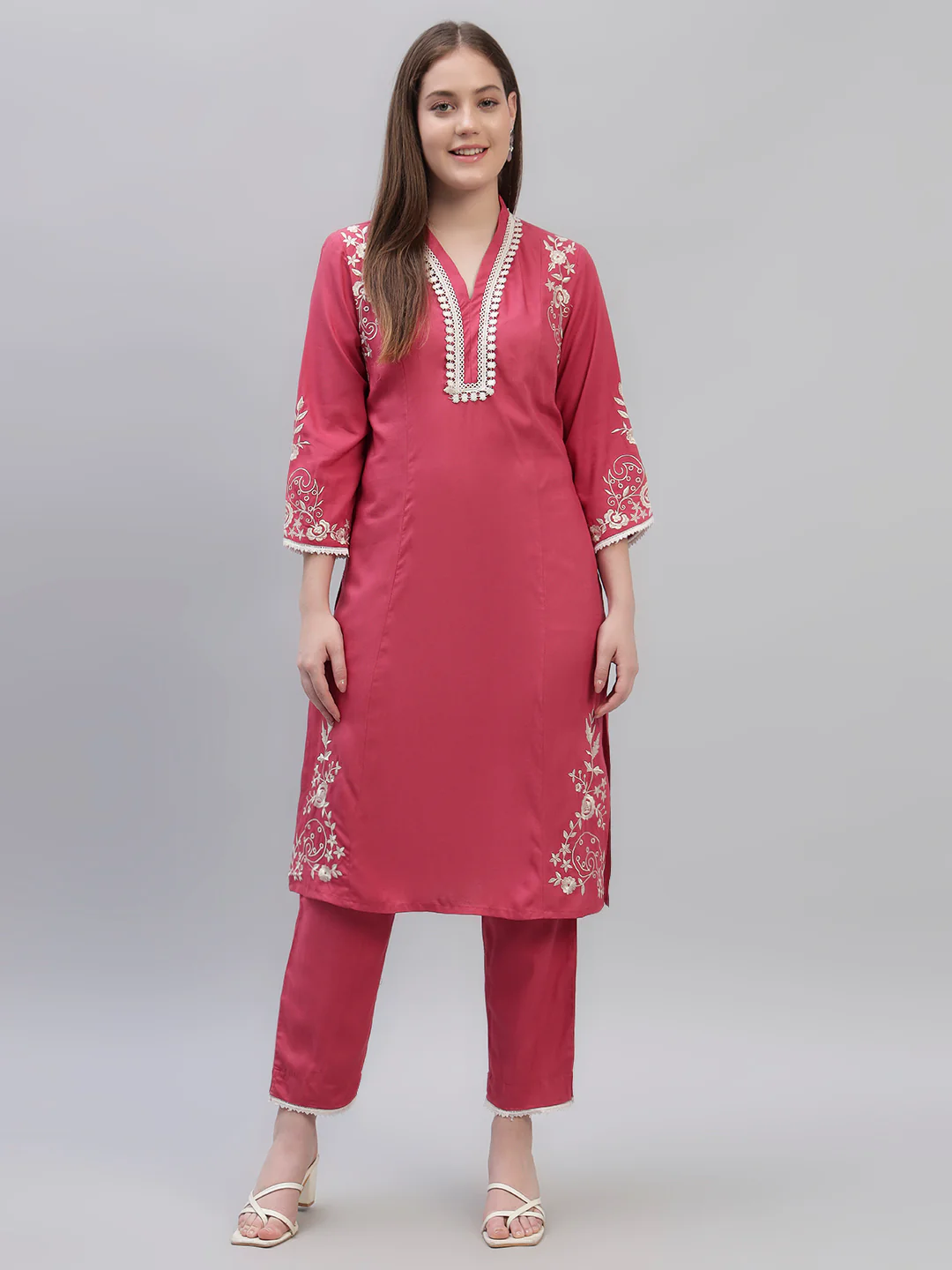 Women's Pink Embroidery 3/4th Sleeves Round Neck Casual Kurti Plazo Set - Image 2
