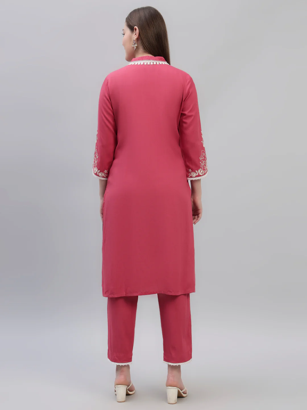 Women's Pink Embroidery 3/4th Sleeves Round Neck Casual Kurti Plazo Set - Image 4
