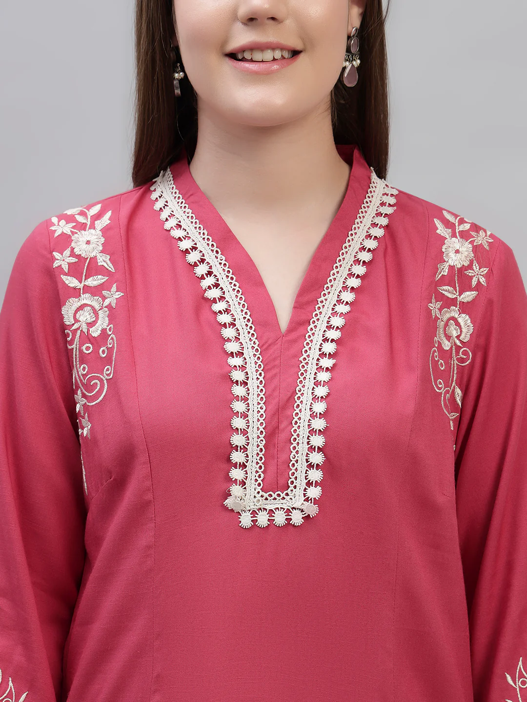Women's Pink Embroidery 3/4th Sleeves Round Neck Casual Kurti Plazo Set - Image 6
