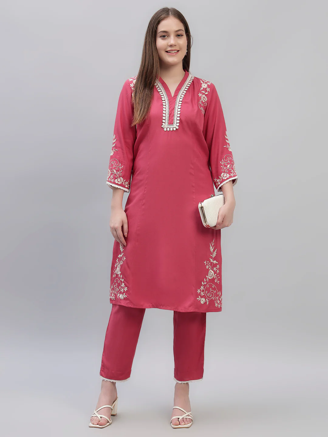 Women's Pink Embroidery 3/4th Sleeves Round Neck Casual Kurti Plazo Set - Image 9