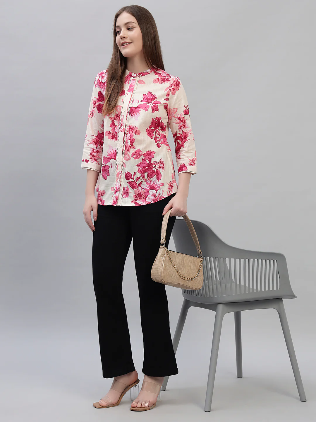 Women's Pink Printed 3/4th Sleeves Round Neck Casual Tunic - Image 7