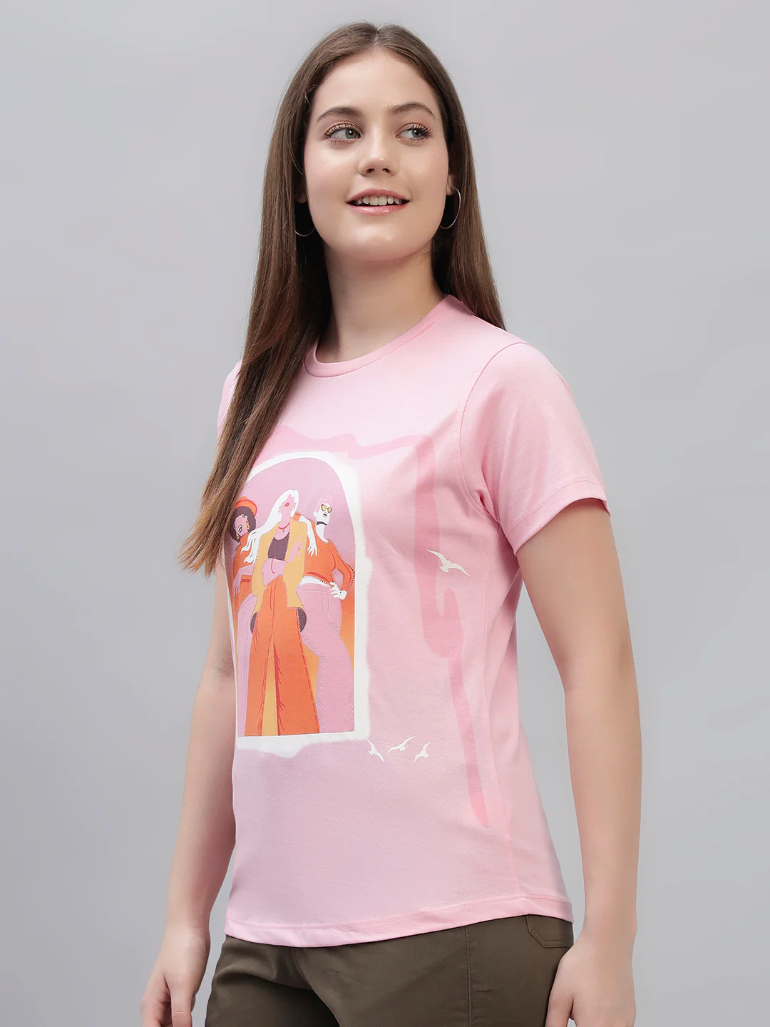 Women's Pink Printed Half Sleeves Round Neck Casual T Shirt - Image 3