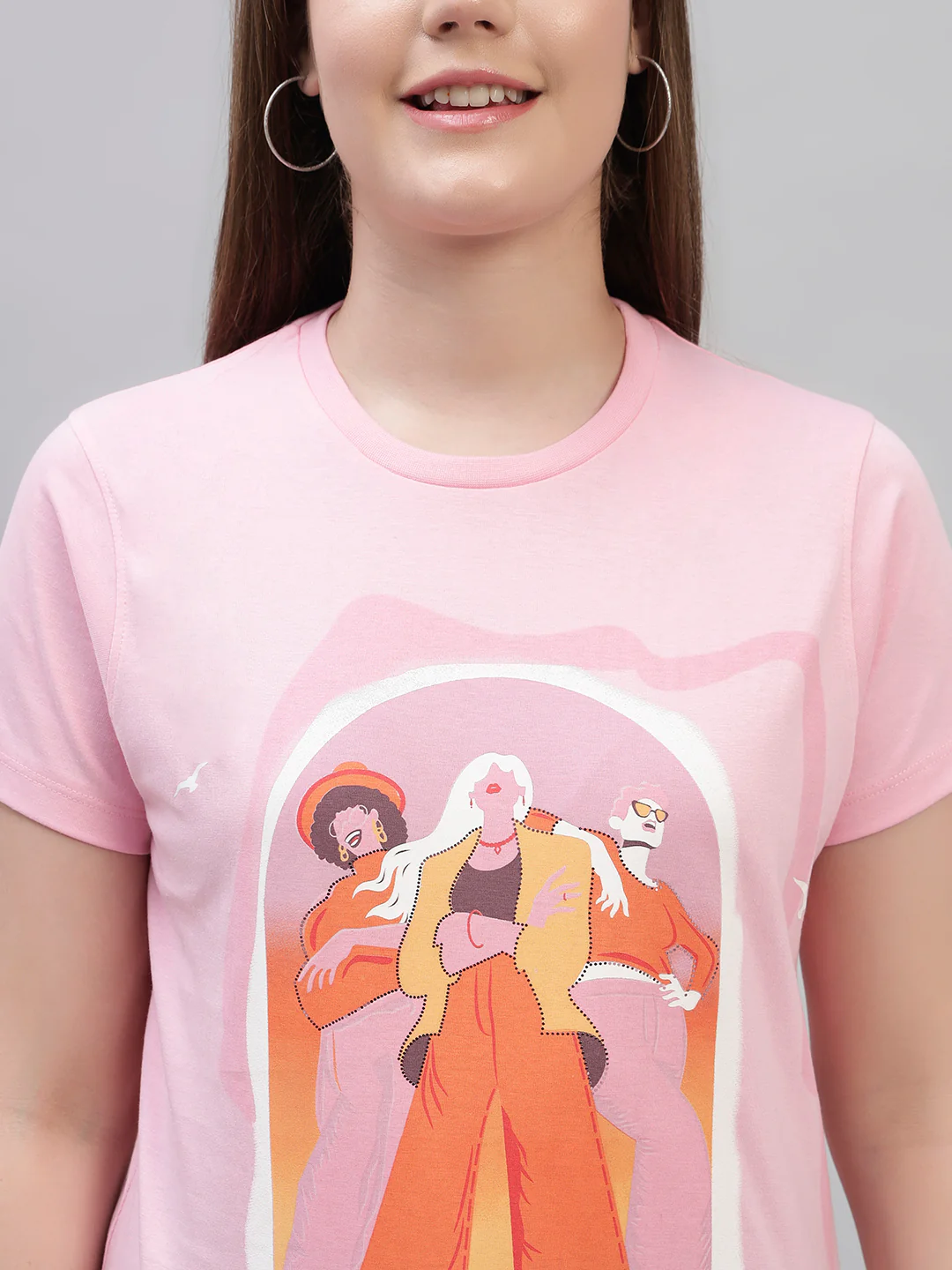Women's Pink Printed Half Sleeves Round Neck Casual T Shirt - Image 7