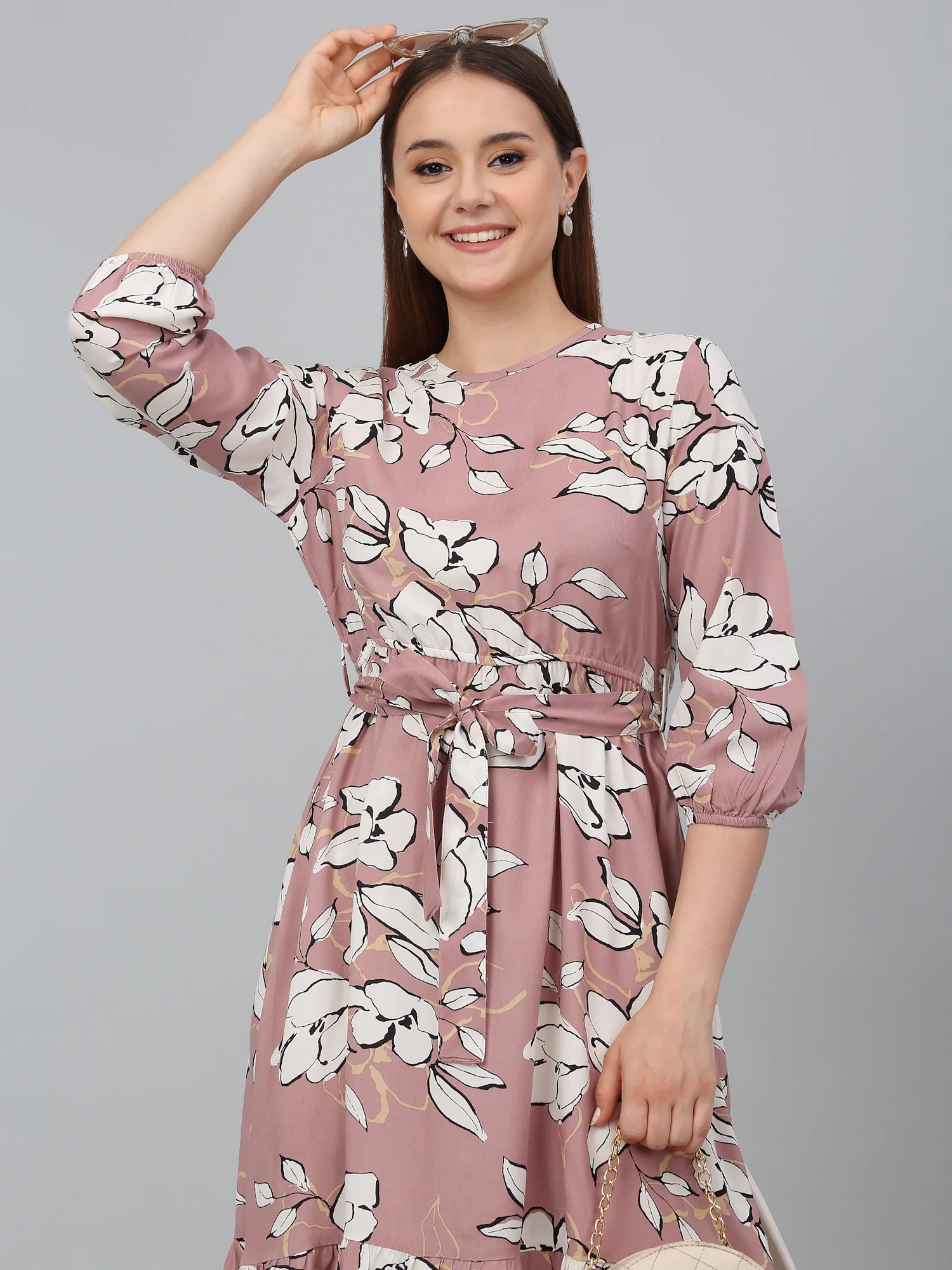 Women's Pink Printed Round Neck Casual Dress - Image 6