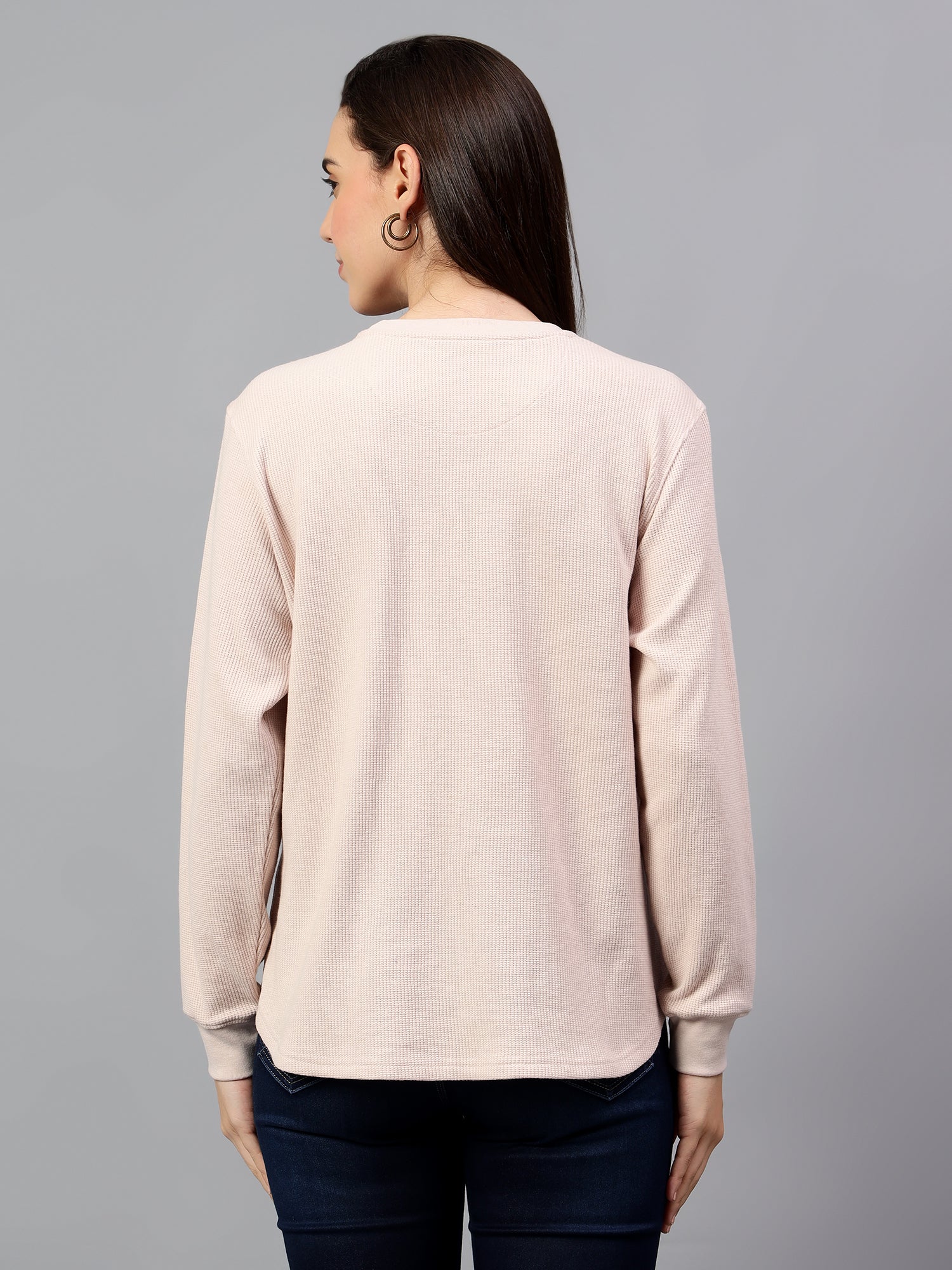 Women's Pink Self Design Round Neck Winter T-shirt - Image 2
