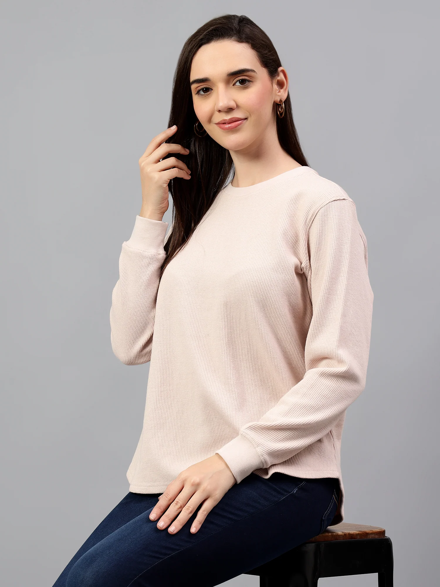 Women's Pink Self Design Round Neck Winter T-shirt - Image 3
