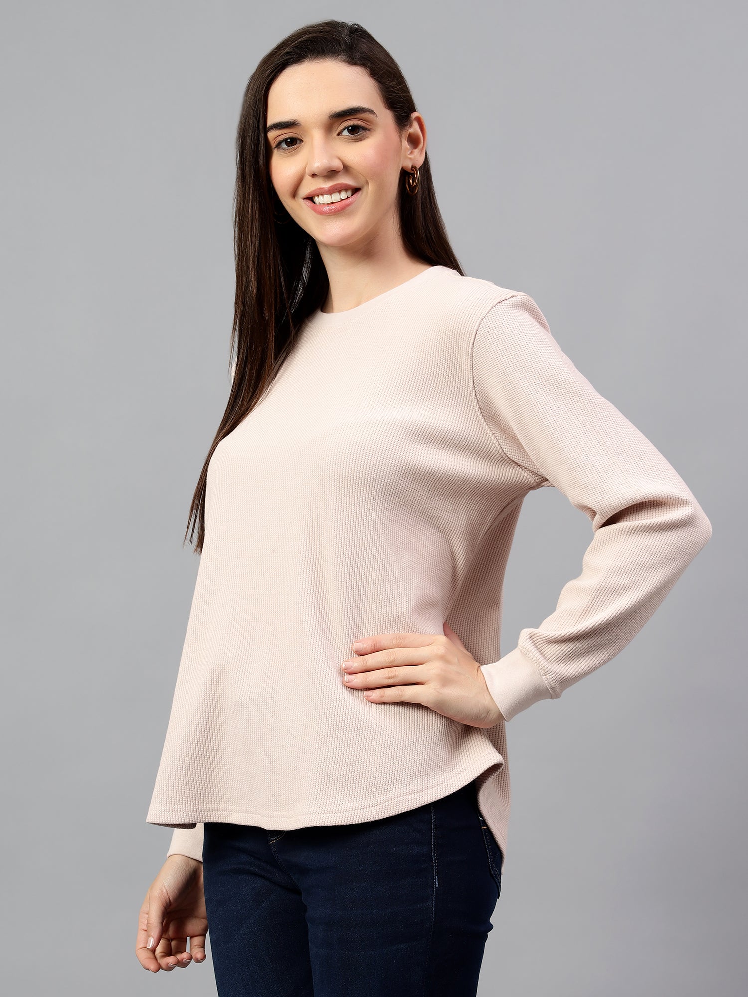 Women's Pink Self Design Round Neck Winter T-shirt - Image 4