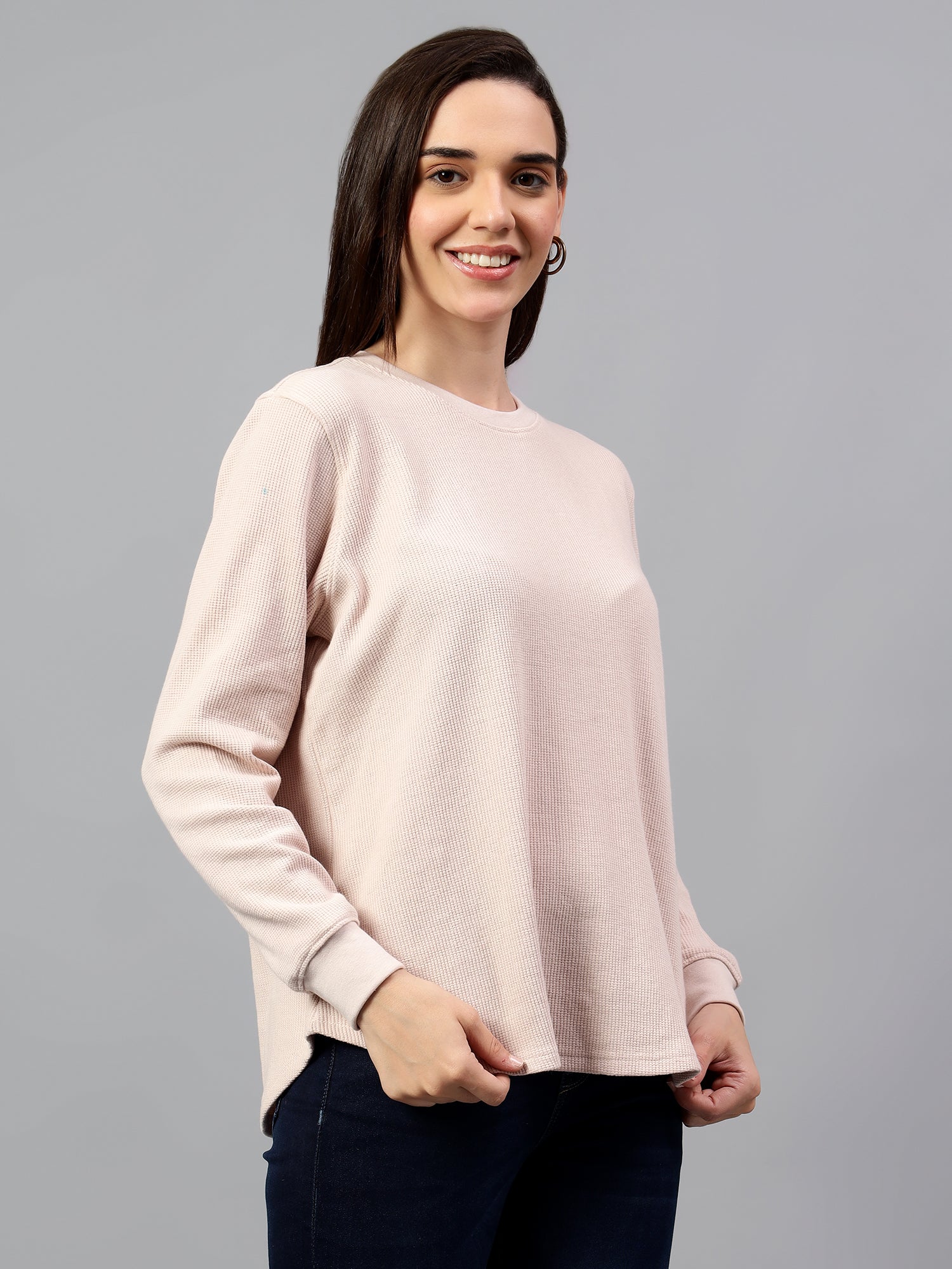 Women's Pink Self Design Round Neck Winter T-shirt - Image 5