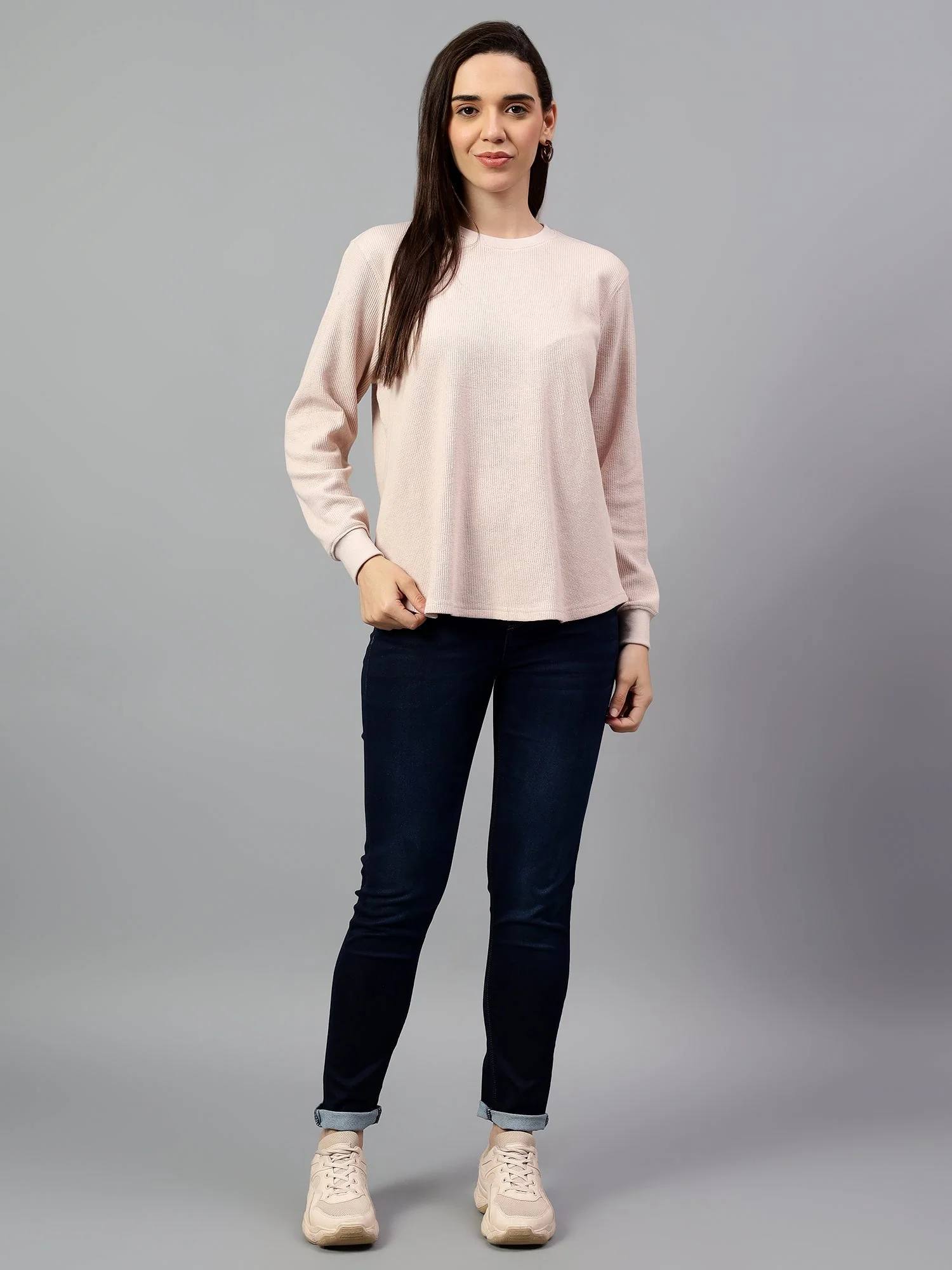 Women's Pink Self Design Round Neck Winter T-shirt - Image 6