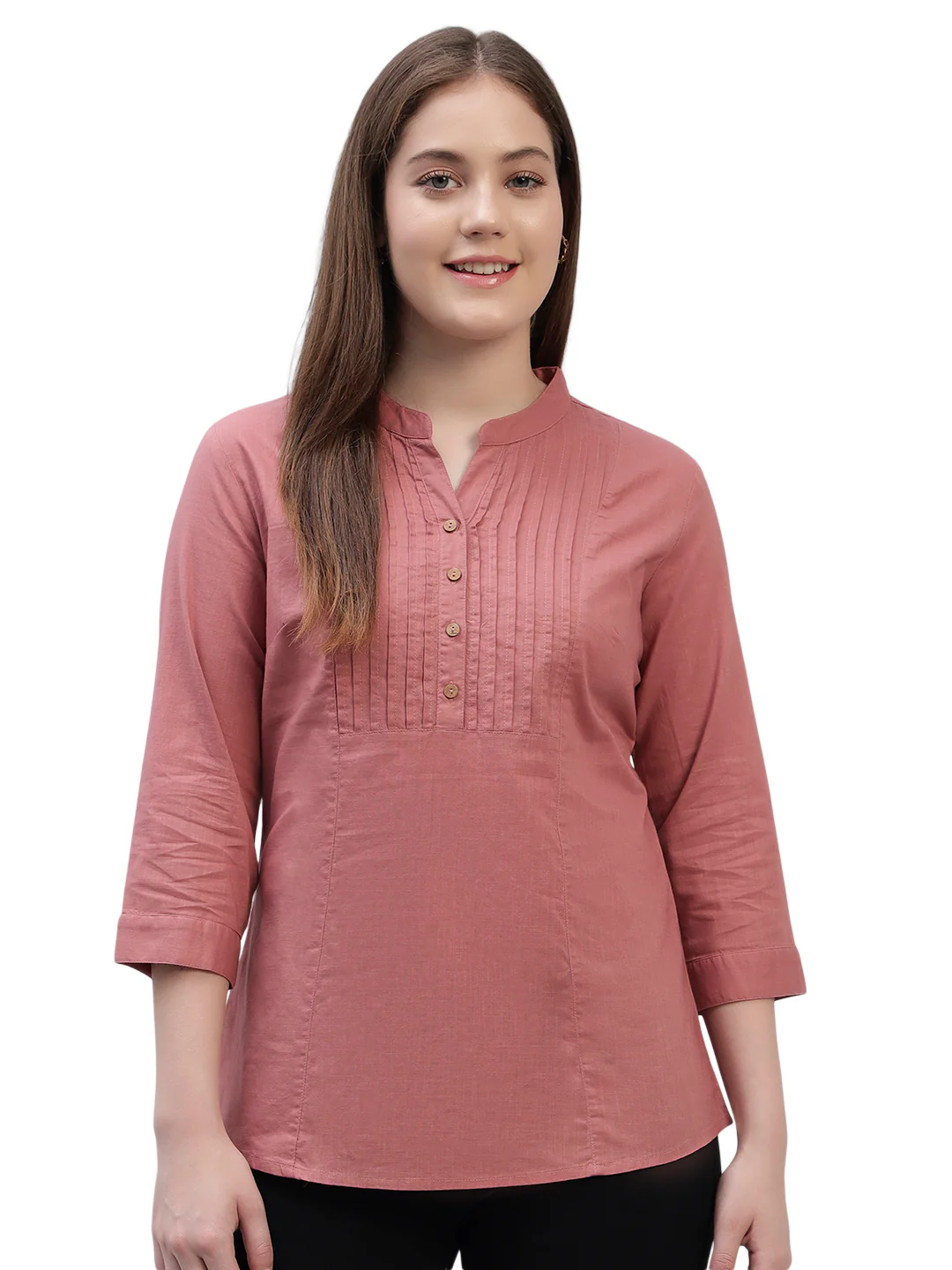 Women's Pink Solid 3/4th Sleeves Round Neck Casual Tunic - Image 2