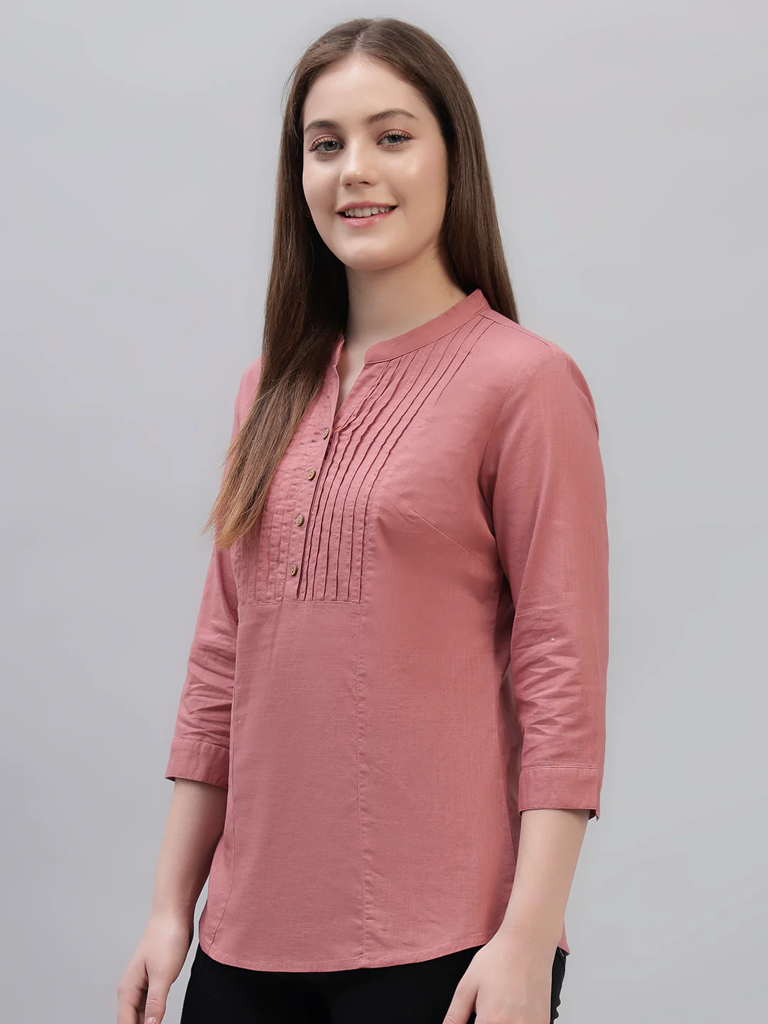 Women's Pink Solid 3/4th Sleeves Round Neck Casual Tunic - Image 3