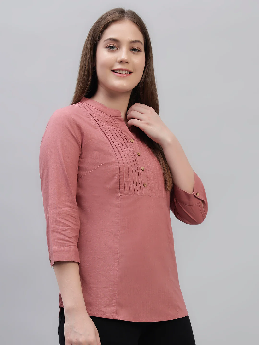 Women's Pink Solid 3/4th Sleeves Round Neck Casual Tunic - Image 4