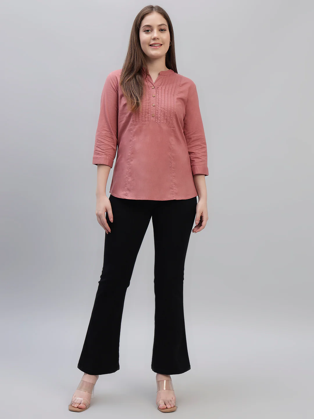 Women's Pink Solid 3/4th Sleeves Round Neck Casual Tunic - Image 5