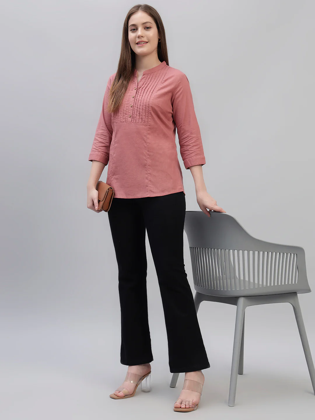 Women's Pink Solid 3/4th Sleeves Round Neck Casual Tunic - Image 7