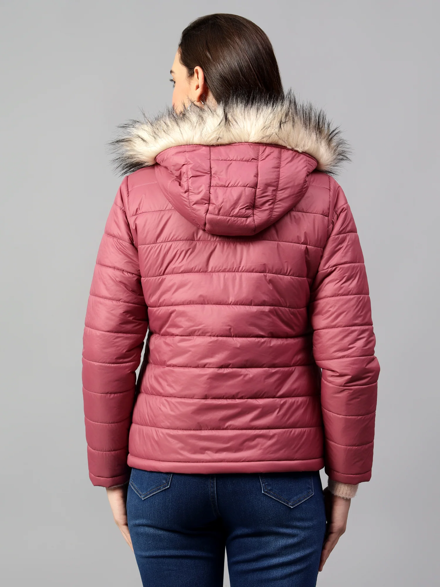 Women's Pink Solid Full Sleeves Winter Jacket - Image 3