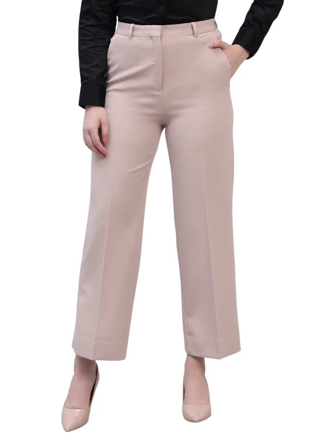 Women's Pink Solid Non Pleated Regular Fit High Waist Formal Trouser - Image 2