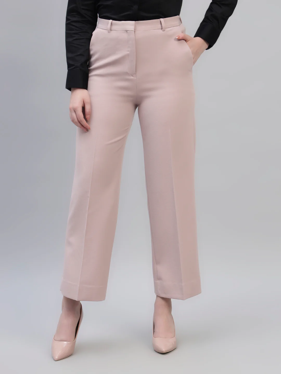 Women's Pink Solid Non Pleated Regular Fit High Waist Formal Trouser - Image 3