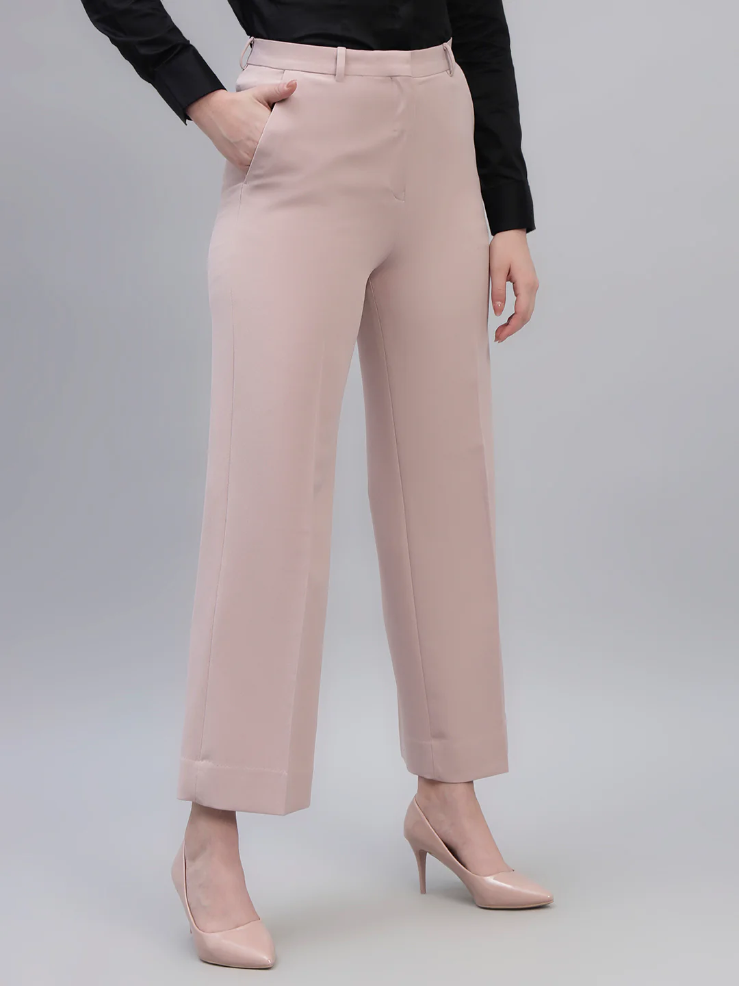 Women's Pink Solid Non Pleated Regular Fit High Waist Formal Trouser - Image 4