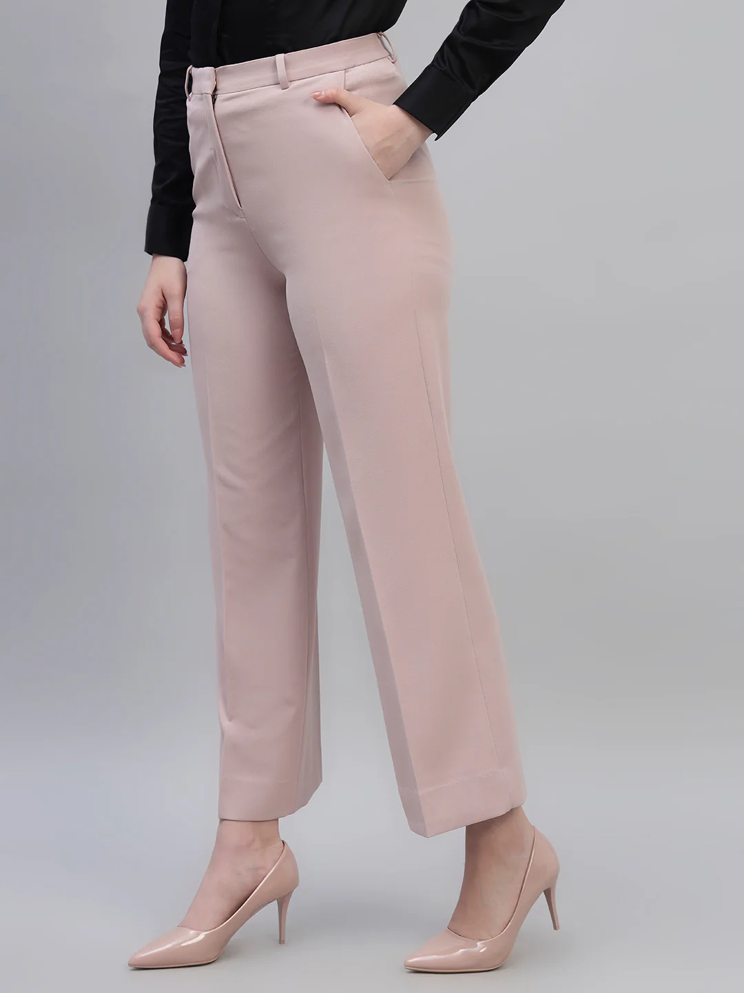 Women's Pink Solid Non Pleated Regular Fit High Waist Formal Trouser - Image 6