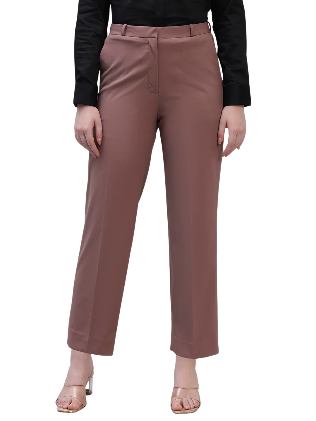 Women's Pink Solid Non Pleated Regular Fit High Waist Formal Trouser - Image 3
