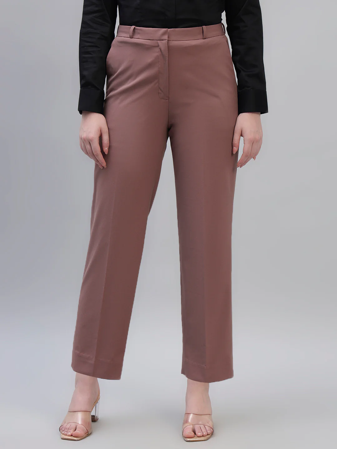 Women's Pink Solid Non Pleated Regular Fit High Waist Formal Trouser - Image 4