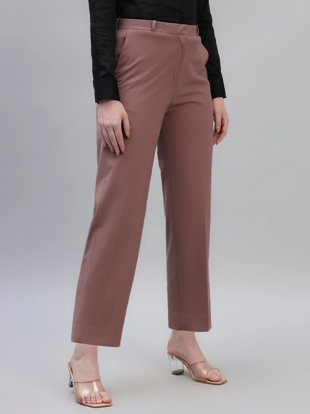 Women's Pink Solid Non Pleated Regular Fit High Waist Formal Trouser - Image 6