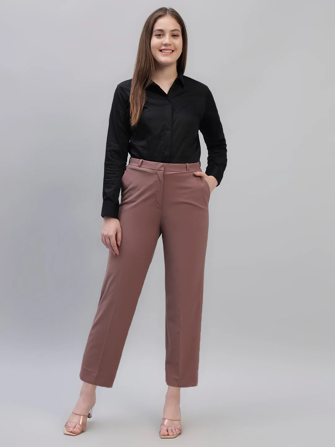 Women's Pink Solid Non Pleated Regular Fit High Waist Formal Trouser - Image 9