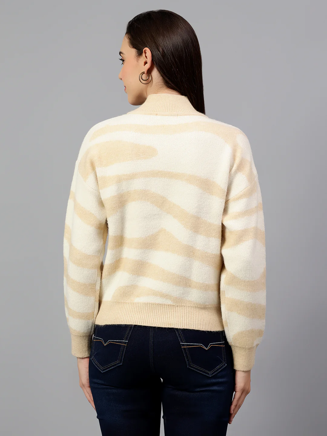 Women's Printed Beige Full Sleeve Casual Sweater - Image 2