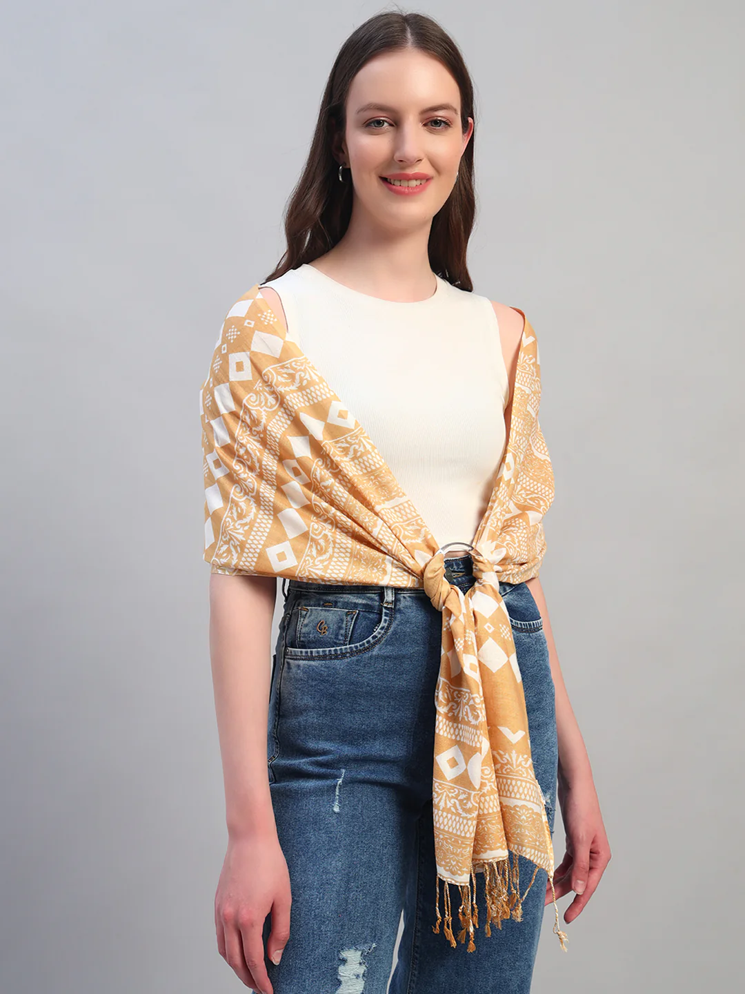 Women's Printed Beige Scarf - Image 4