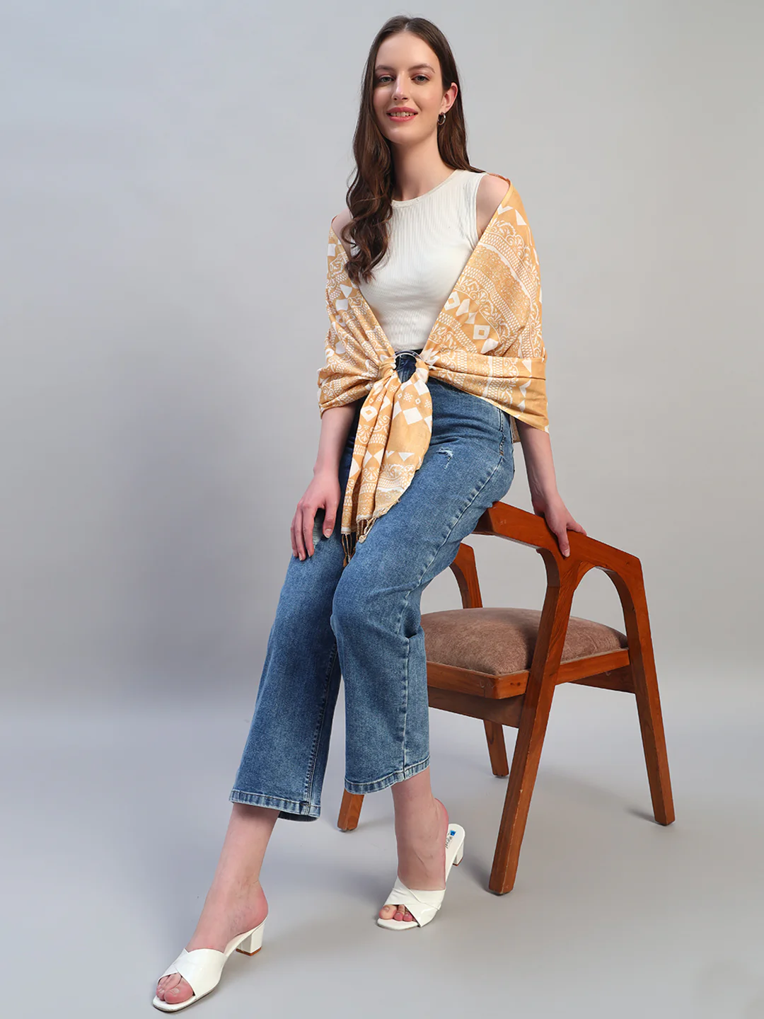 Women's Printed Beige Scarf - Image 5