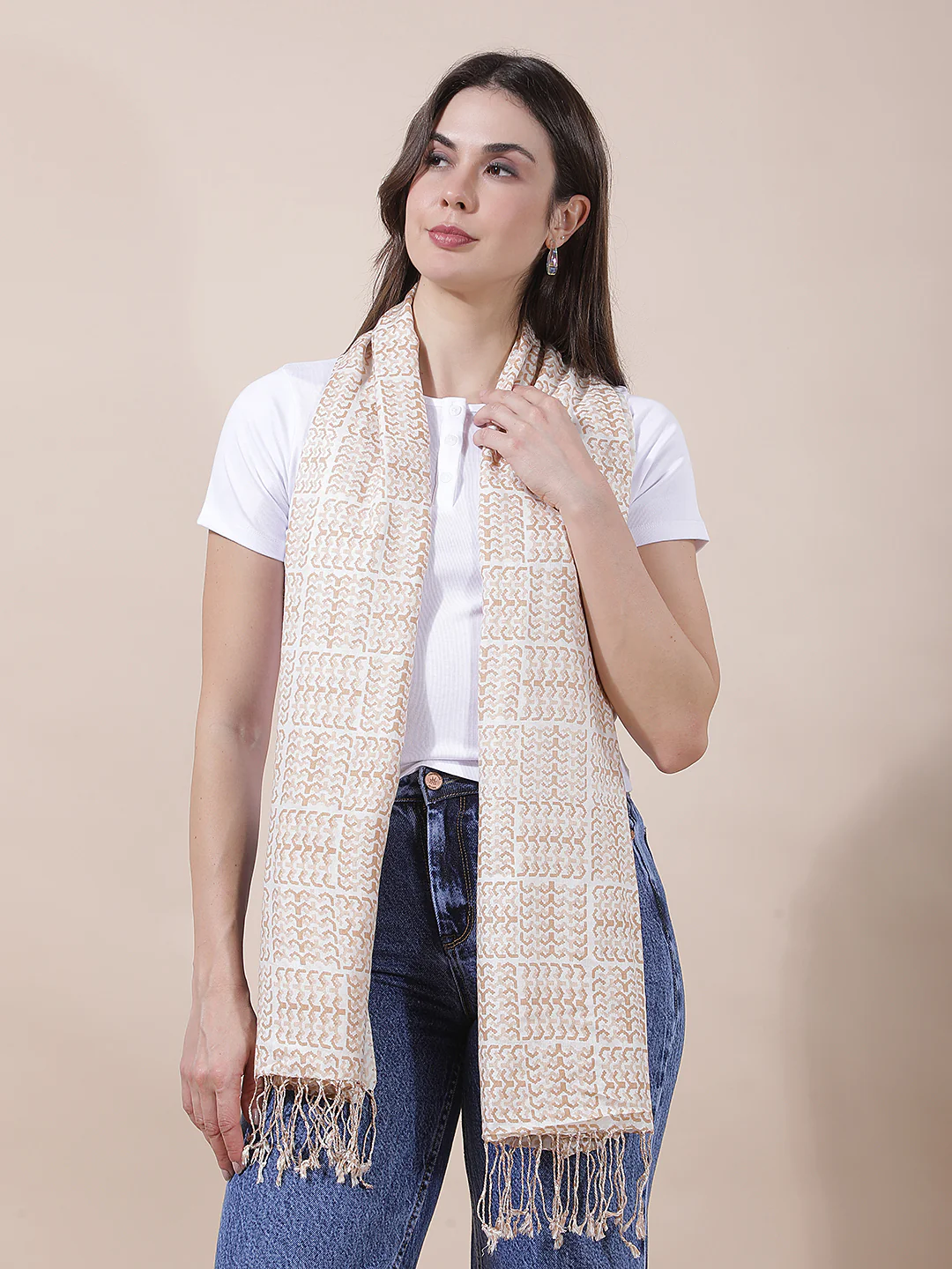 Women's Printed Beige Scarf - Image 4