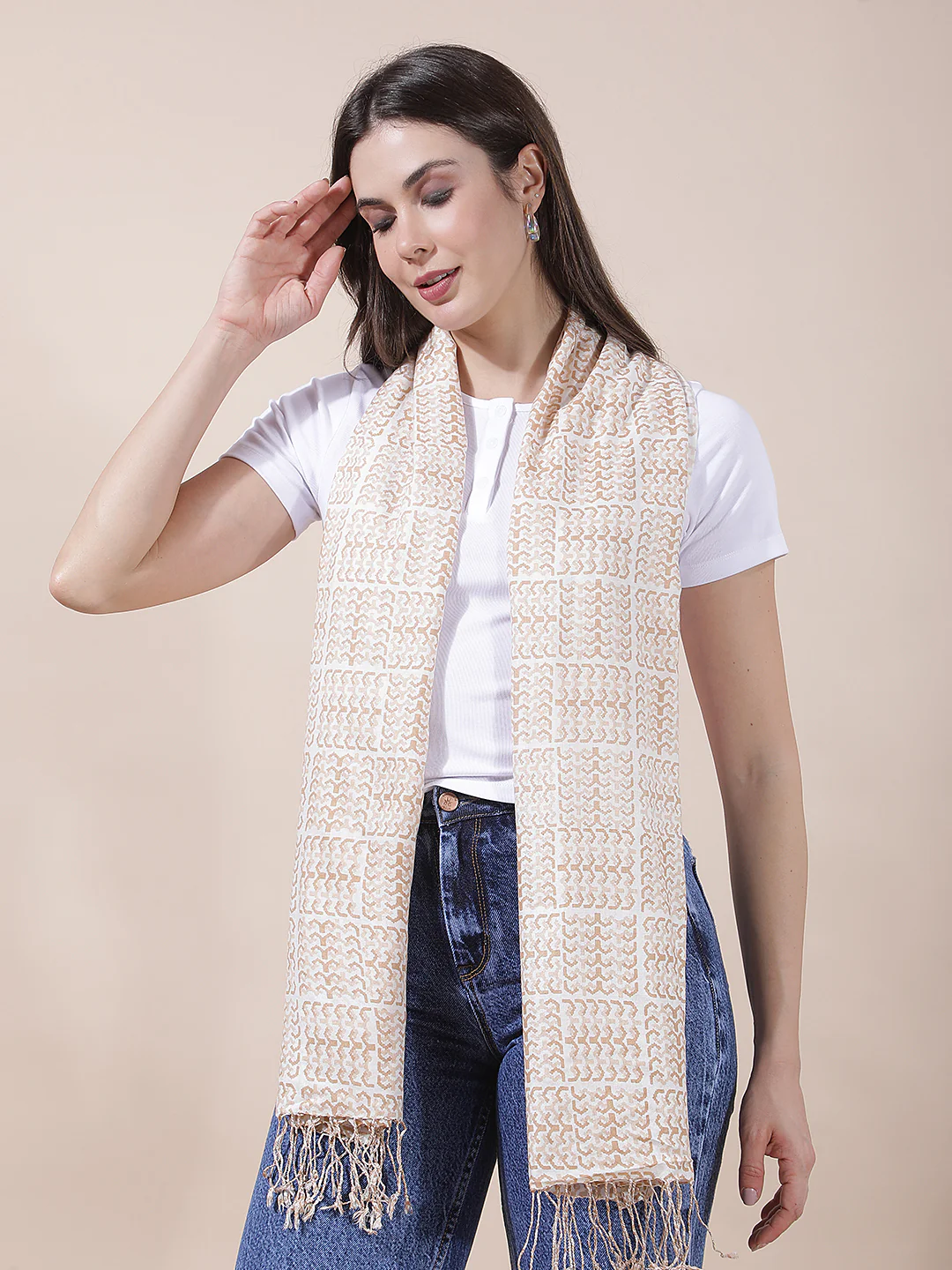 Women's Printed Beige Scarf - Image 5