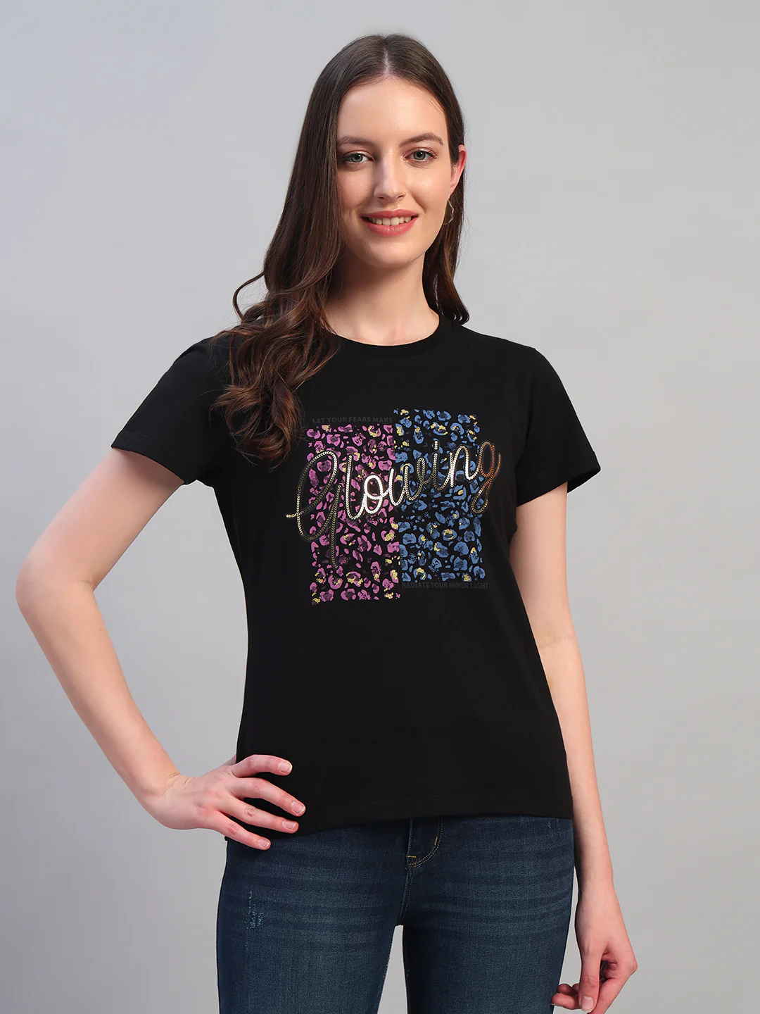 Women's Printed Black Round Neck Half Sleeves Casual T-Shirt - Image 2