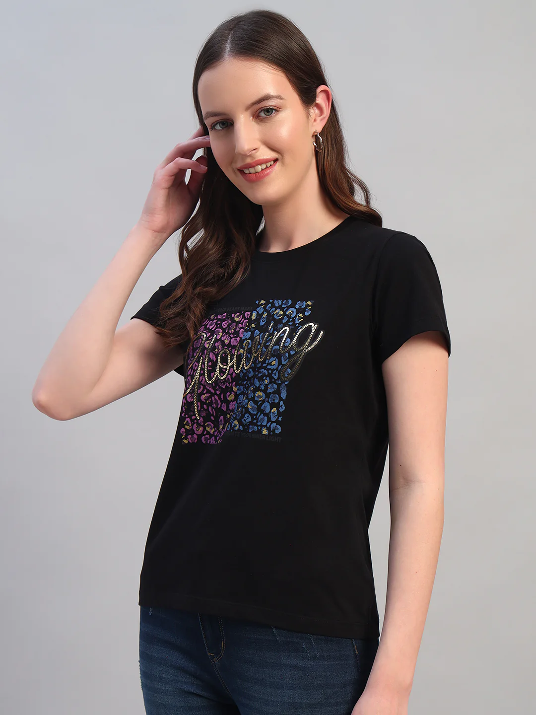 Women's Printed Black Round Neck Half Sleeves Casual T-Shirt - Image 3