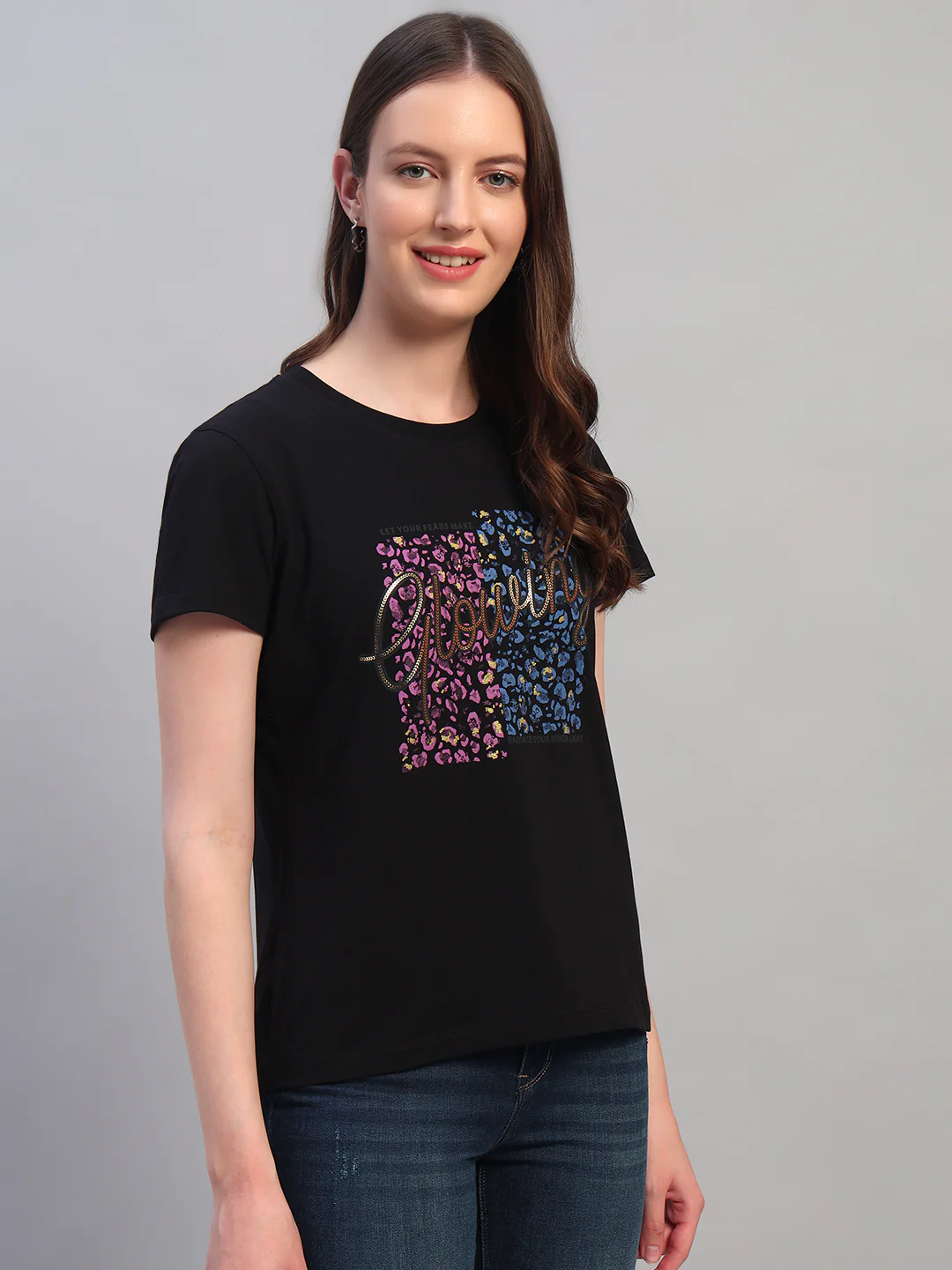 Women's Printed Black Round Neck Half Sleeves Casual T-Shirt - Image 5