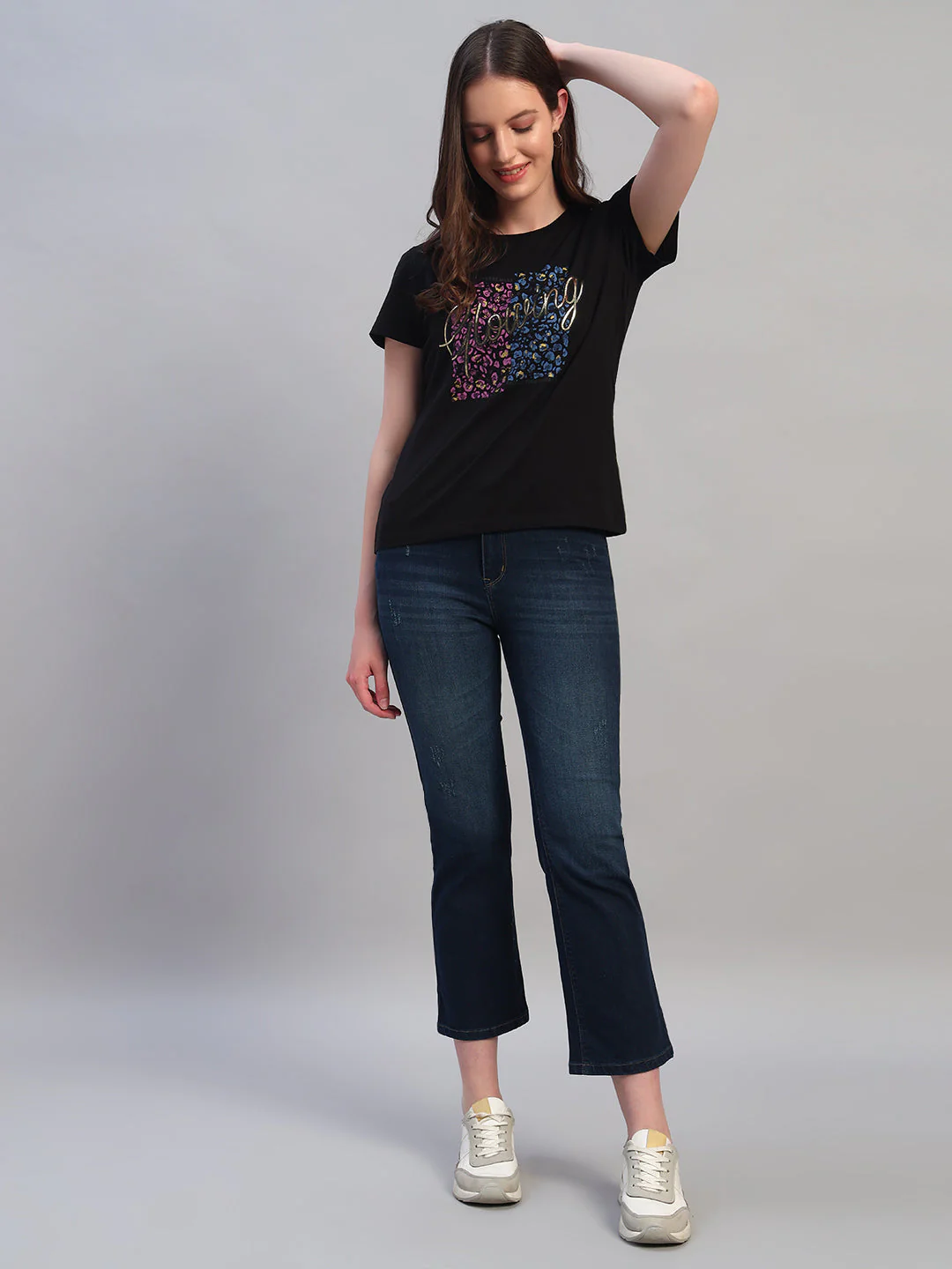 Women's Printed Black Round Neck Half Sleeves Casual T-Shirt - Image 6