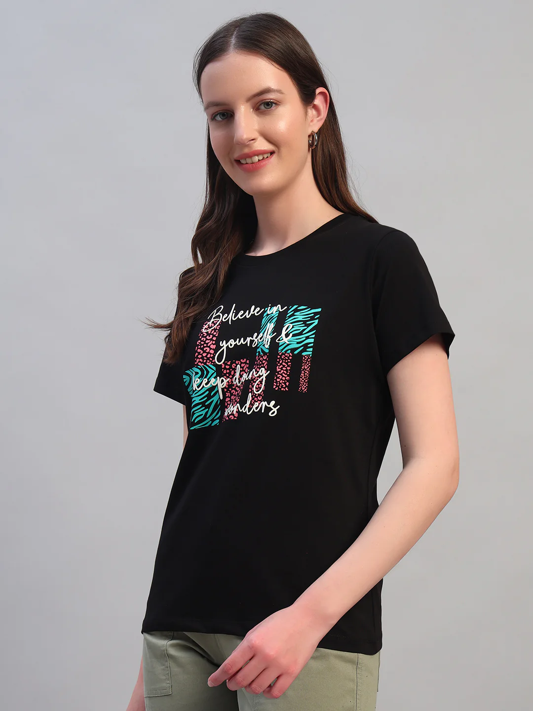 Women's Printed Black Round Neck Half Sleeves Casual T-Shirt - Image 2