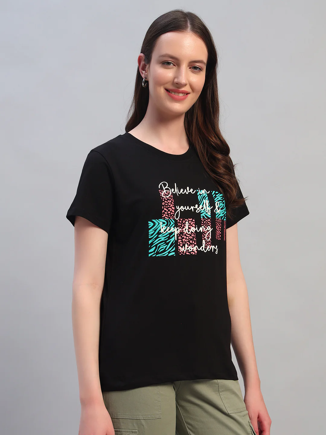 Women's Printed Black Round Neck Half Sleeves Casual T-Shirt - Image 3