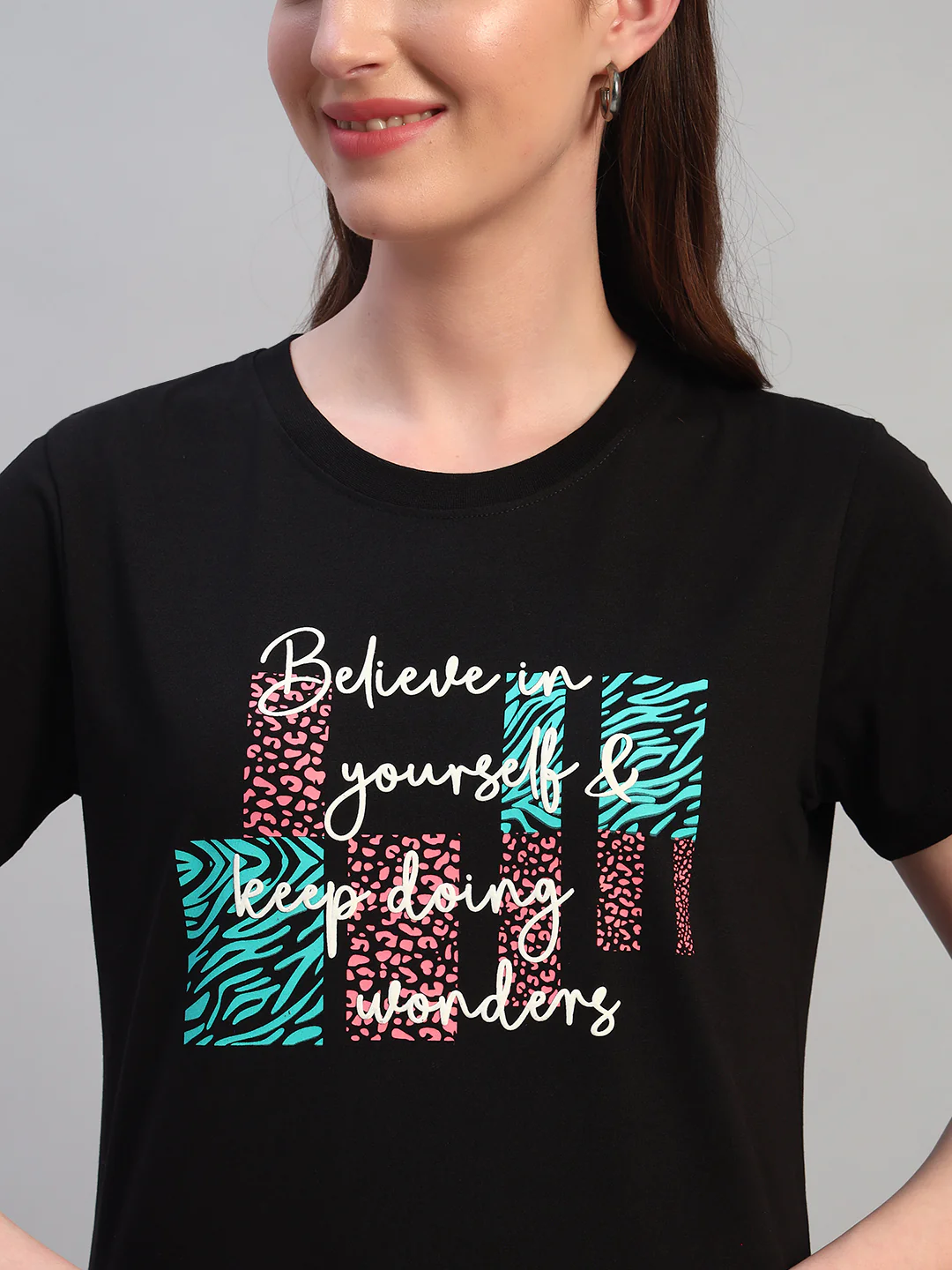 Women's Printed Black Round Neck Half Sleeves Casual T-Shirt - Image 5