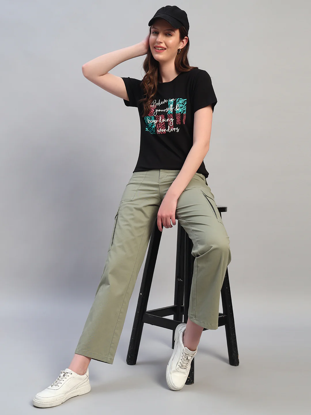 Women's Printed Black Round Neck Half Sleeves Casual T-Shirt - Image 7