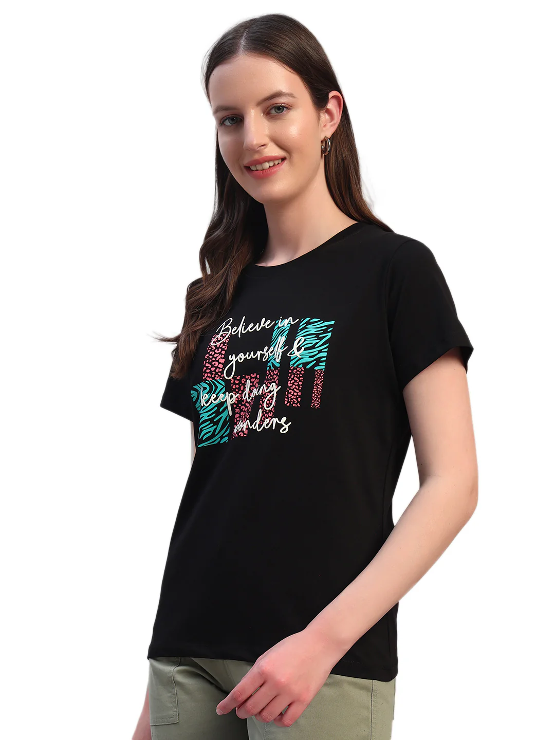 Women's Printed Black Round Neck Half Sleeves Casual T-Shirt - Image 8