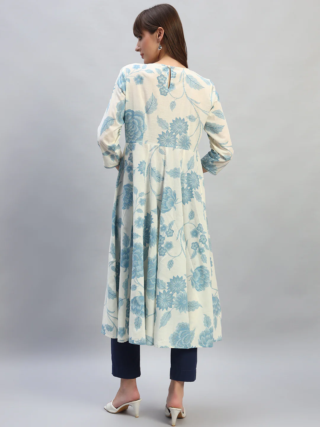 Women's Printed Blue Round Neck 3/4th Sleeves Casual Kurti - Image 4