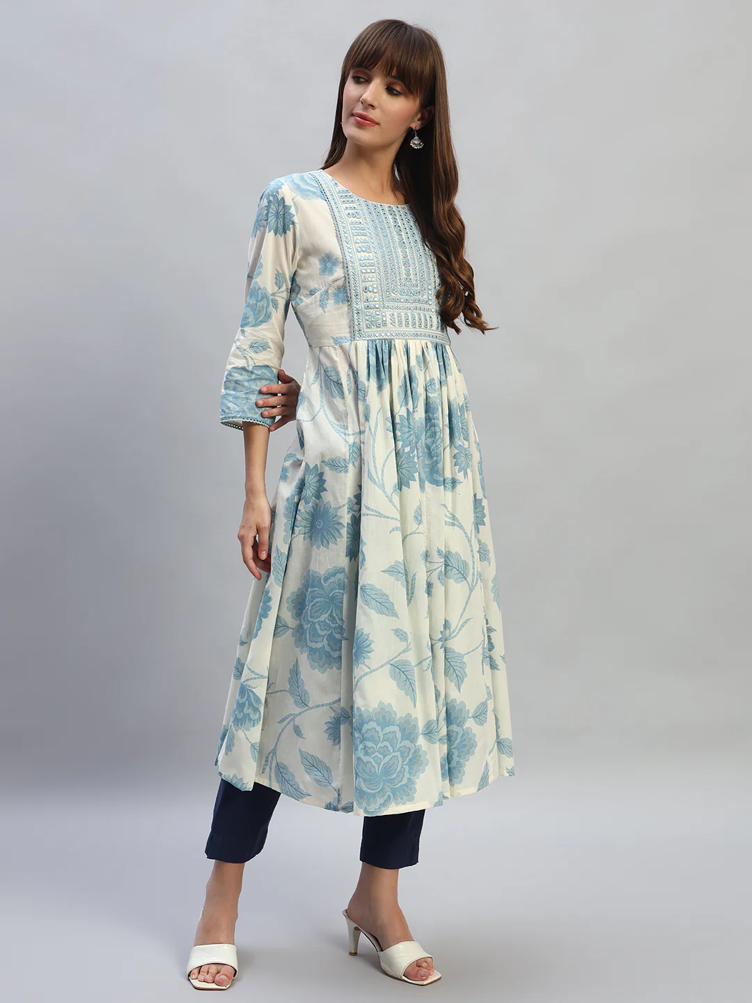 Women's Printed Blue Round Neck 3/4th Sleeves Casual Kurti - Image 5