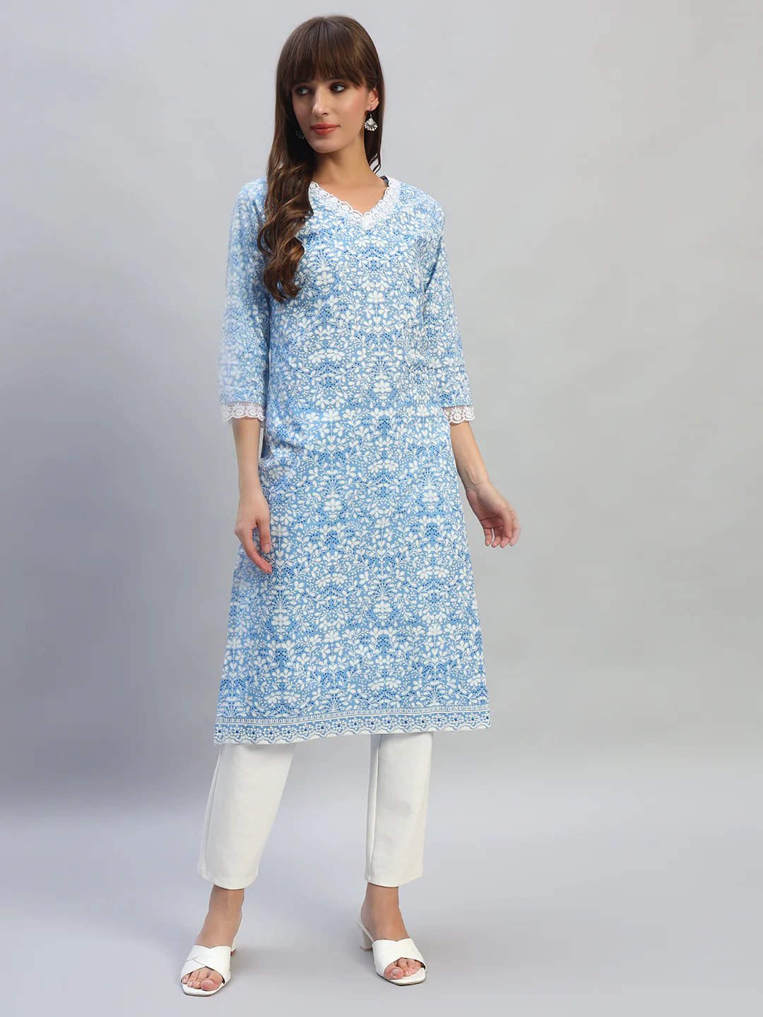 Women's Printed Blue V-Neck 3/4th Sleeves Casual Kurti - Image 2
